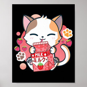 Affiche Fraise Lait Chat Kawaii Anime Neko Cadeau Filles T