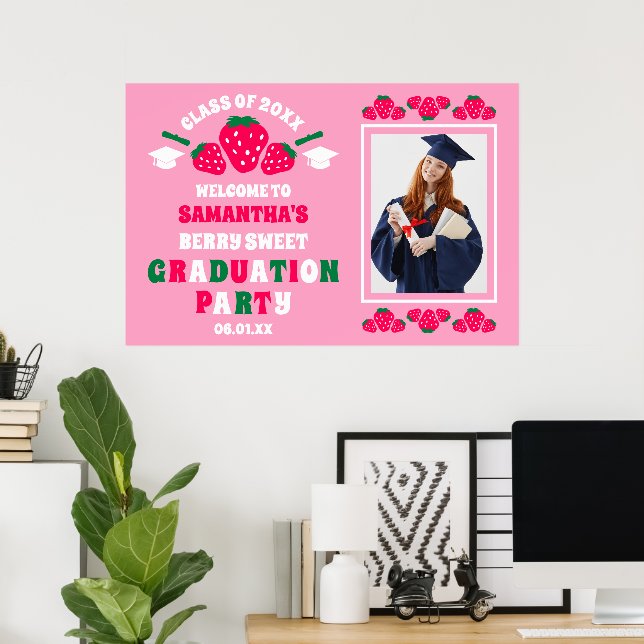Affiche Fraise Photo Graduation Party Bienvenue (Bureau à domicile)