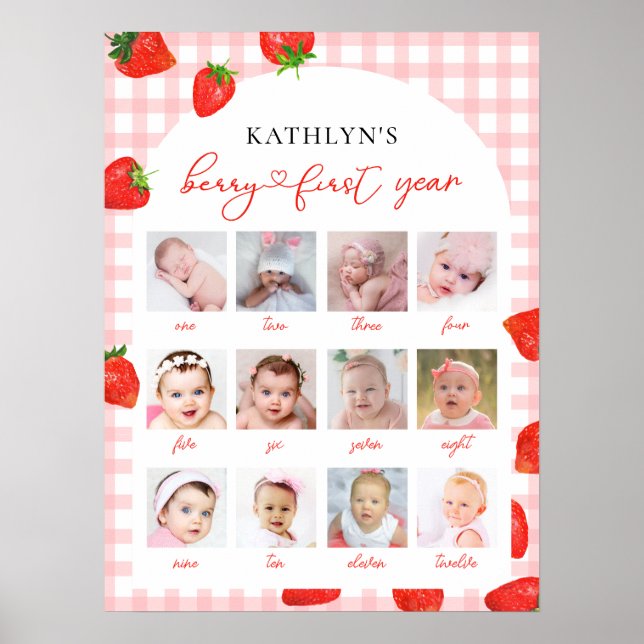 Affiche Fraise Premier anniversaire rose Jalon 12 Photo (Devant)