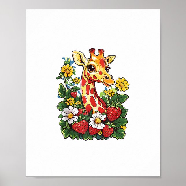 Affiche Fraises de girafe et graphique de fleurs Mignon Gi (Devant)