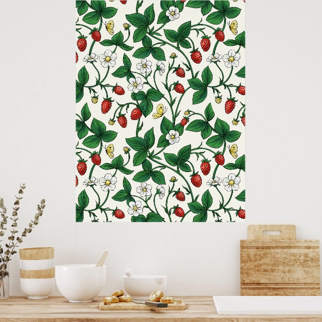 Affiche Fraises sauvages rouge/jaune/vert/blanc cassé (Cuisine)
