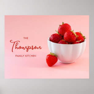 Affiche Fraises sur photo rose Cuisine de famille personna