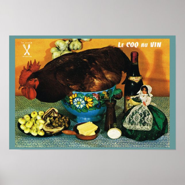 Affiche France vintage, alimentation, Le Coq au Vin (Devant)
