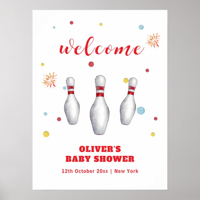 Affiche Frappe Colorée Bowling Baby Shower Bienvenue (Devant)