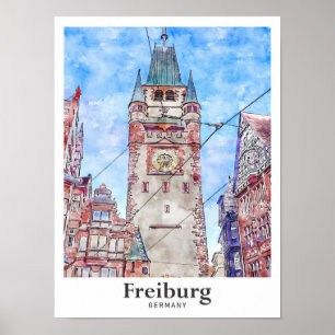 Affiche Freiburg Allemagne Voyage Aquarelle main tirée