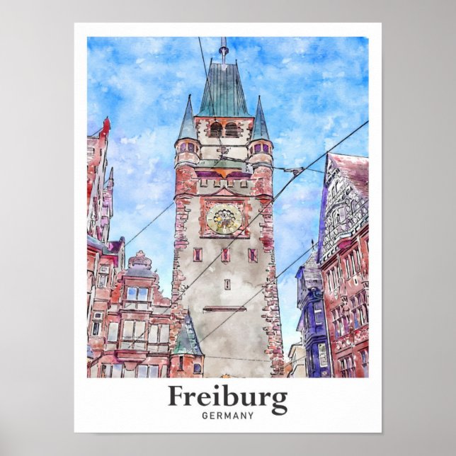Affiche Freiburg Allemagne Voyage Aquarelle main tirée (Devant)
