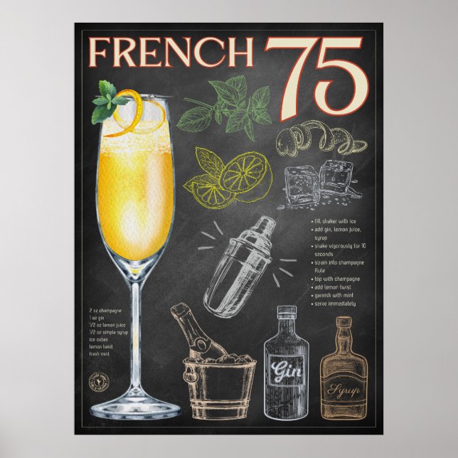 Affiche French 75 Cocktail Recette Chalkboard Bar Art (Devant)