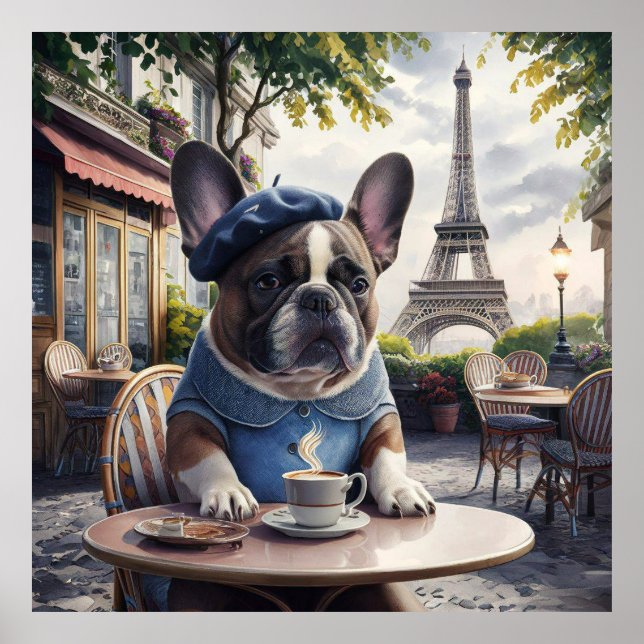 Affiche French Bulldog dans un Café à Paris Whimiscal (Devant)