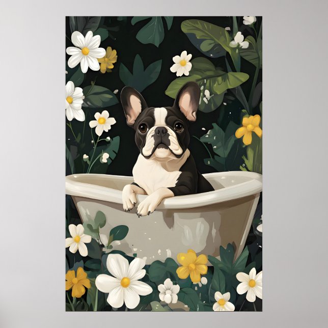 Affiche French Bulldog In Bathtub Poster, Funny Dog (Devant)