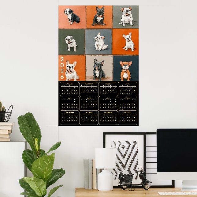 Affiche French Bulldog Portrait Grid with 2026 Calendar (Bureau à domicile)