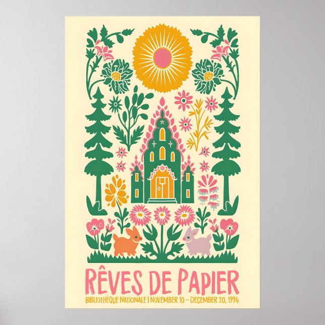 Affiche French Folk Art Print Floral Rabbit Exhibition (Devant)