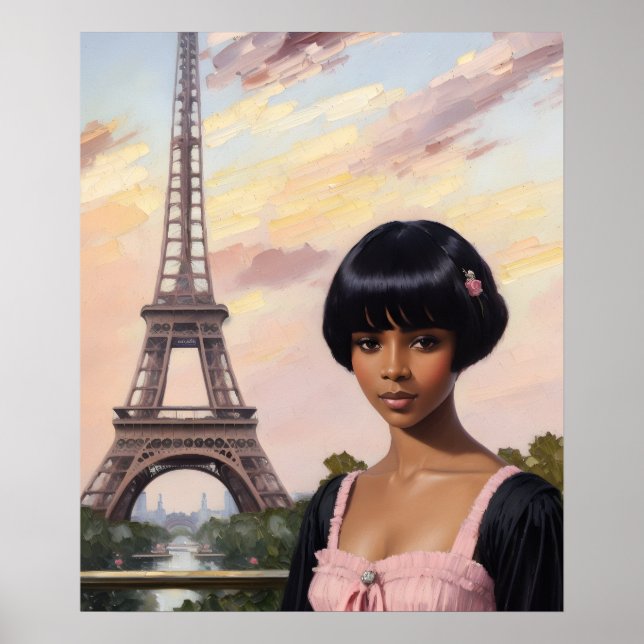 Affiche French Girl rose Paris Black Girl Art (Devant)