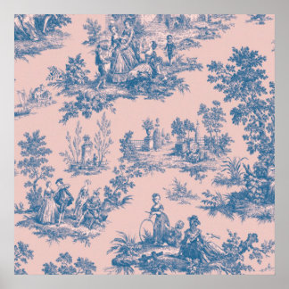 Affiche French toile de jouy bleu et rose élégant