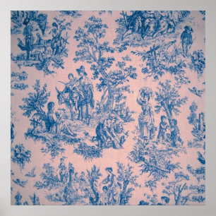 Affiche French toile de jouy bleu et rose élégant