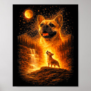Affiche Frenchie hurle à la lune chien mystique vintage