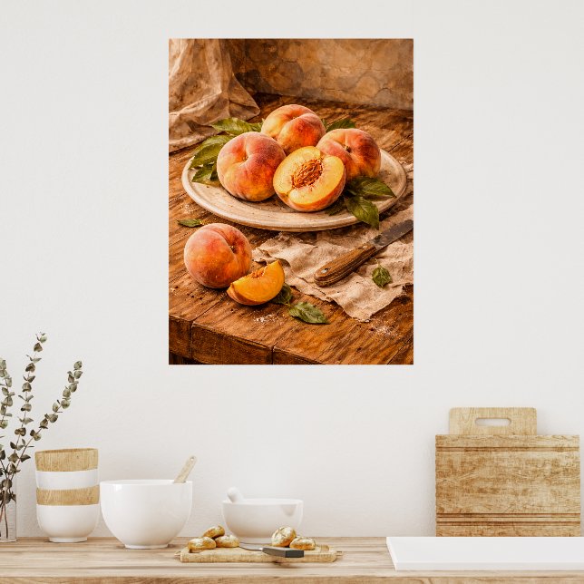 Affiche Fresh Peaches on Wood a Rustic Still Life (Cuisine)