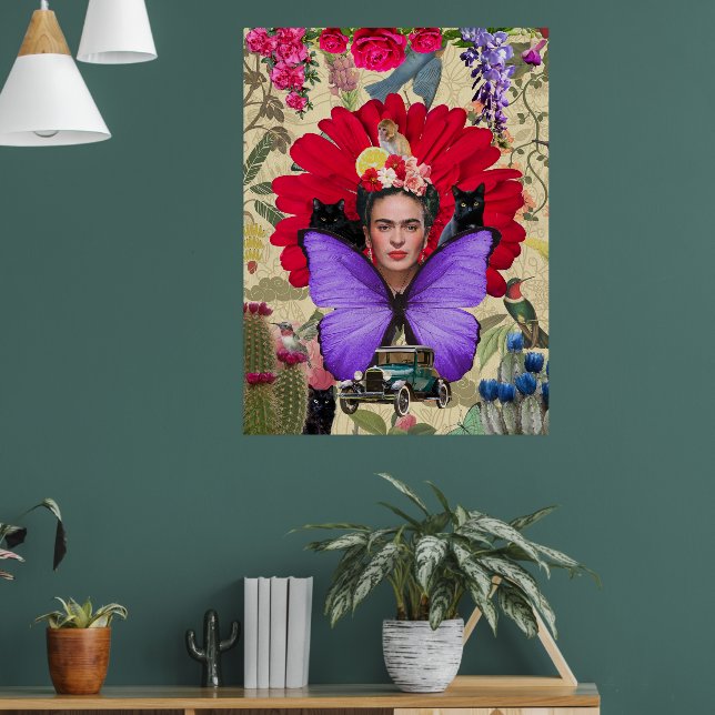 Affiche Frida Kahlo Cat Monkey Colorful Floral Collage (Salon 1)