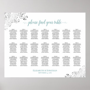 Affiche Frilly 21 Table Wedding Seating Chart White & Teal