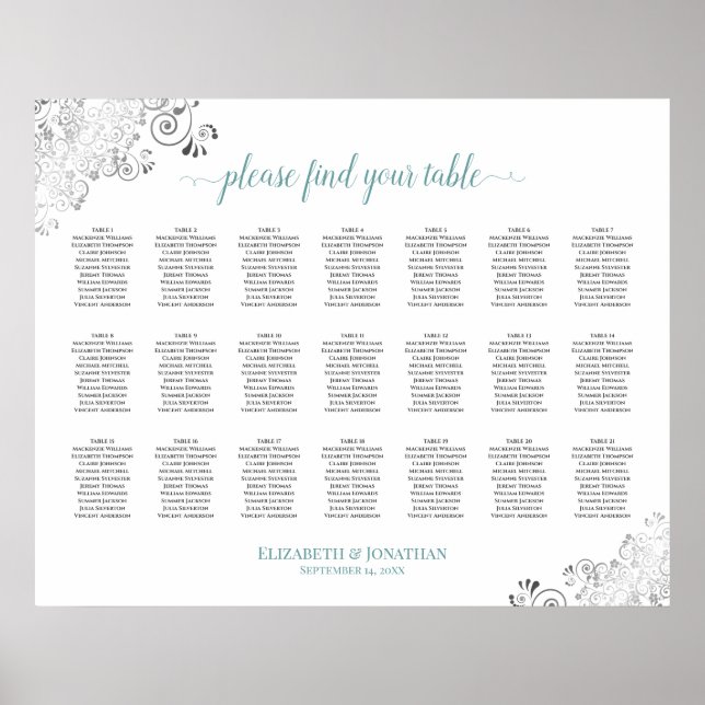 Affiche Frilly 21 Table Wedding Seating Chart White & Teal (Devant)