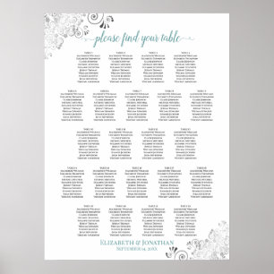 Affiche Frilly 22 Table Wedding Seating Chart White & Teal