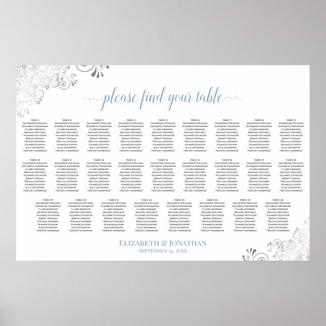 Affiche Frilly 26 Table Wedding Seating Chart White & Blue (Devant)
