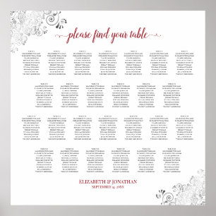Affiche Frilly 26 Table Wedding Seating Chart White & Red