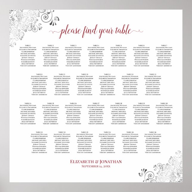 Affiche Frilly 26 Table Wedding Seating Chart White & Red (Devant)