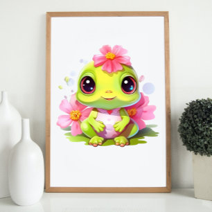 Affiche Frog Nursery Décor Cute Froglet avec fleurs roses