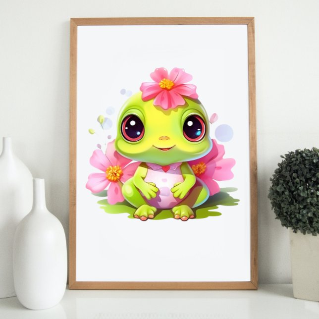 Affiche Frog Nursery Décor Cute Froglet avec fleurs roses (Frog Nursery Decor Cute Froglet with Pink Flowers)