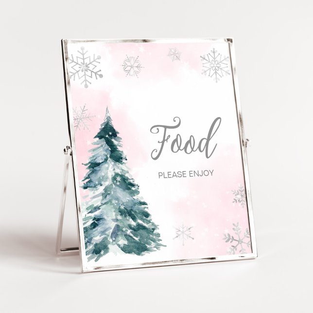 Affiche Froid Hors Baby shower Rose Hiver Nourriture (Pink Silver Pine Tree Baby Shower Food Sign)
