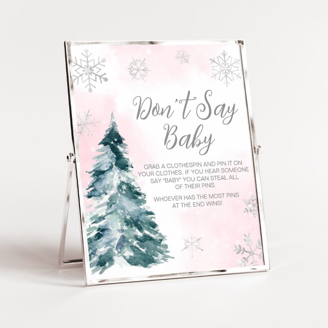 Affiche Froid hors Pink Winter Ne pas dire bébé (Pink Silver Pine Tree Baby Shower Don't Say Baby Sign)