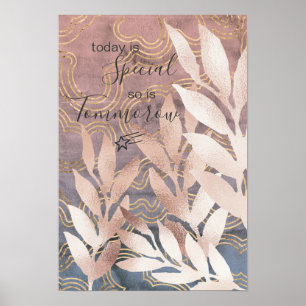 Affiche Frondes de feuilles 'or rose' sur des vagues roses