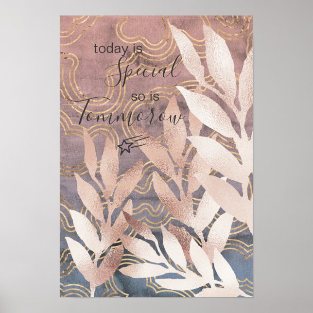 Affiche Frondes de feuilles 'or rose' sur des vagues roses (Devant)