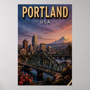 Affiche Front de rivière de Portland et ponts de la ville