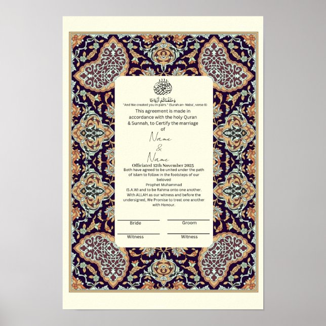 Affiche Frontière florale islamique certificat Nikkah (Devant)