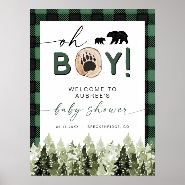 Affiche FROST Green Flannel Pine Bear Baby shower Bienvenu (Devant)