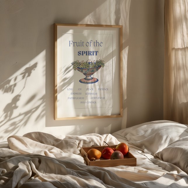Affiche Fruit de l'Esprit Bible Mur Imprimer (Minimalist Fruit of the Spirit poster in a neutral modern room with wooden furniture and soft light.)