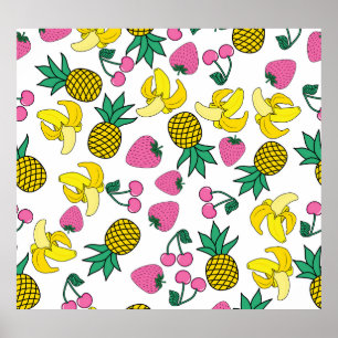 Affiche Fruit Fiesta : Bananes, ananas, fraises