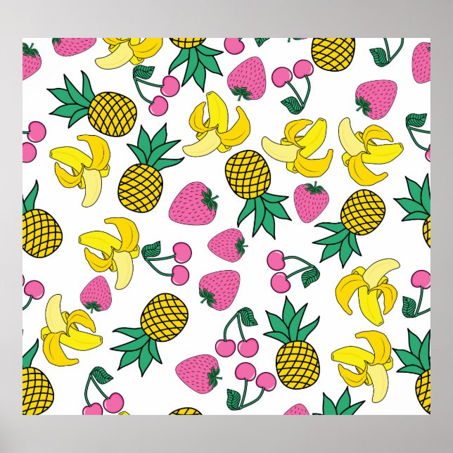 Affiche Fruit Fiesta : Bananes, ananas, fraises (Devant)