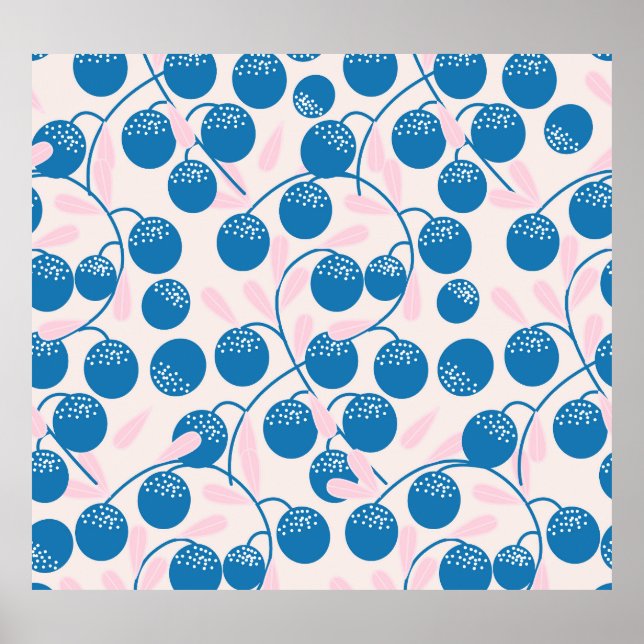 Affiche Fruits bleus, feuilles roses, design sans soudure. (Devant)