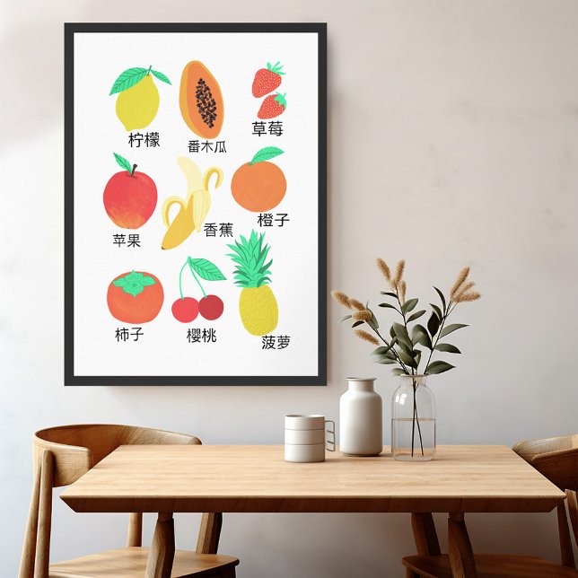Affiche Fruits Carte Flash Chinois Fruit Amusement Aliment (Fruits Flash Cards Chinese Fruity Fun Food Art Poster
)