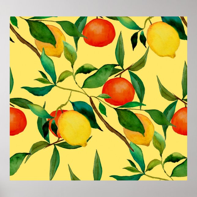 Affiche Fruits d'agrumes, motif d'aquarelle vibrante. (Devant)