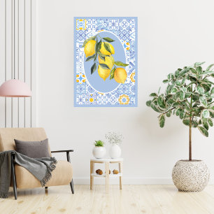 Affiche Fruits de citron, carreaux bleus d'inspiration eur