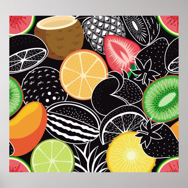 Affiche Fruits tropicaux colorés, arrière - plan noir. (Devant)