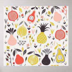 Affiche Fruits vintages, fleurs : motif sans soudure.
