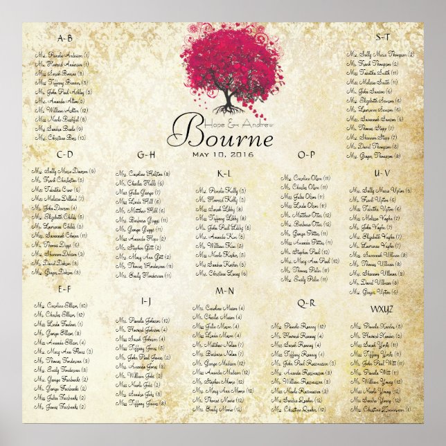 Affiche Fuchsia Heart Tree 100 à 150 invités alphabétique (Devant)