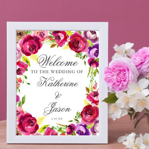 Affiche Fuchsia Rose Floral Chic Romantique Mariage Bienve