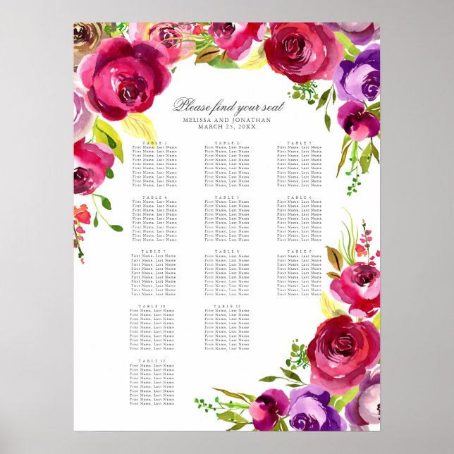 Affiche Fuchsia Rose Floral Spring Wedating Chart (Devant)