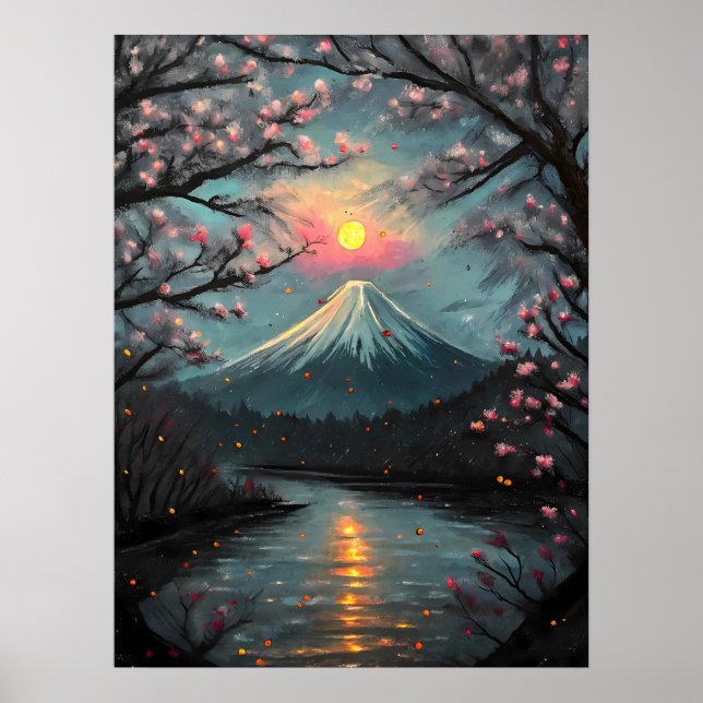 Affiche  Fuji Sunset Cherry Blossom Mountain Art (Devant)