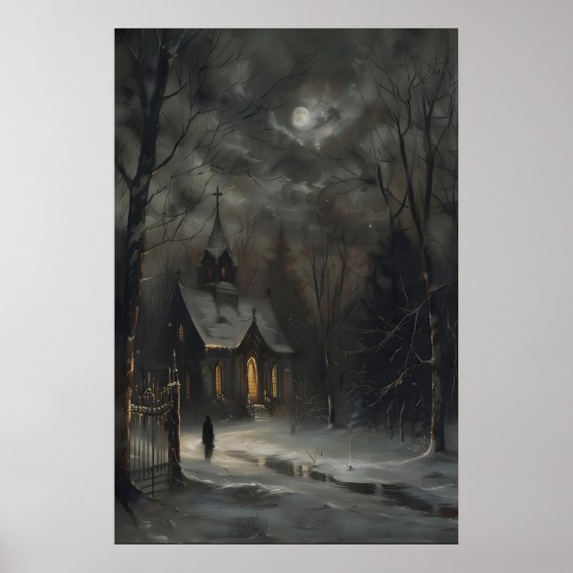 Affiche Full Moon Church in Snow Art Print Dark Academia (Devant)